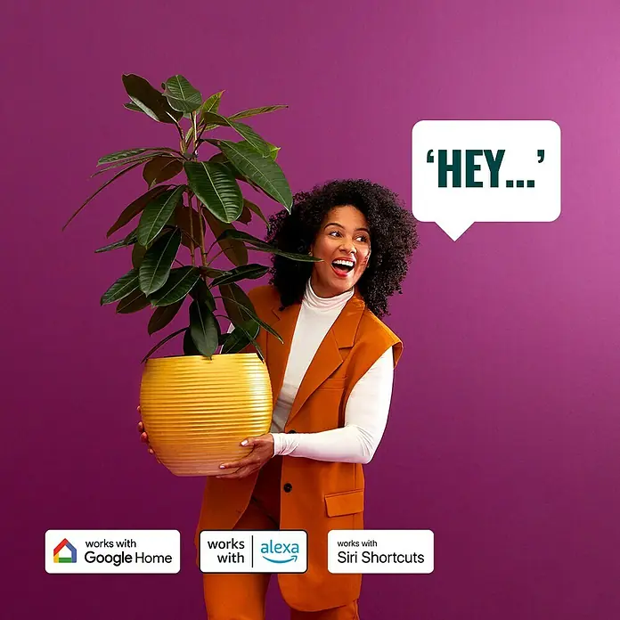 Philips Wiz Fernbedienung smarter Dial Schalter - Weiß - Eine Frau hält eine Zimmerpflanze in einem gelben Topf. Kompatibel mit Google Home, Alexa und Siri Shortcuts.
