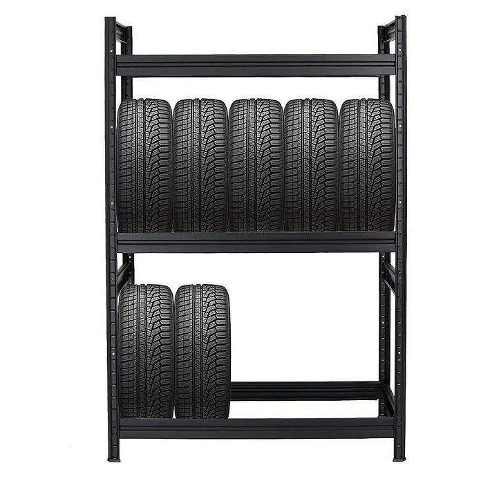 Proregal Reifenregal Mega Deal DINO - Stecken, Schwarz - Reifenregal mit fünf Reifen auf der oberen und zwei Reifen auf der unteren Ablage. Stabiles Design zur Lagerung von Autoreifen.