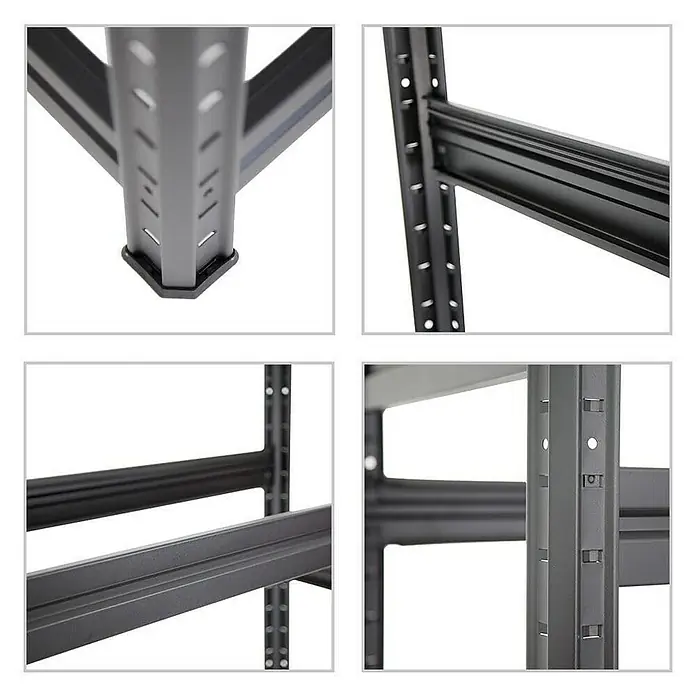 Proregal Reifenregal Mega Deal DINO - Stecken, Schwarz - Nahaufnahme eines robusten Metallregalsystems, das durch seine Stabilität und modulare Bauweise besticht. Ideal für Lager und Werkstatt.