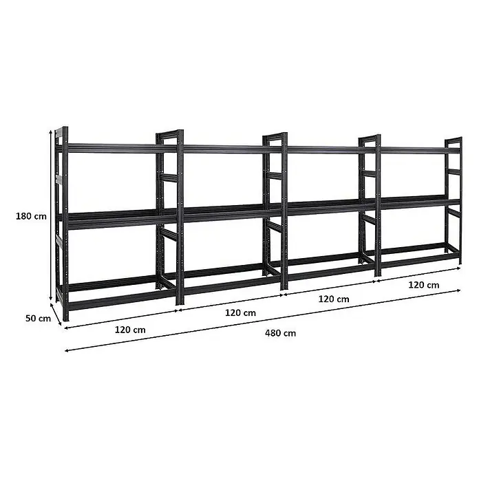 Proregal Reifenregal Mega Deal DINO - Stecken, Schwarz - Bild eines Regalsystems mit mehreren Ebenen und den Maßen 180 cm Höhe, 50 cm Tiefe und 480 cm Breite.