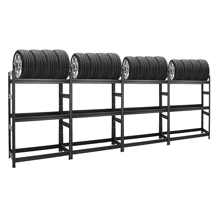 Proregal Reifenregal Mega Deal DINO - Stecken, Schwarz - Reifenregal mit vier Ebenen und Reifen darauf. Ideal für die Lagerung von Reifen in der Garage oder Werkstatt.