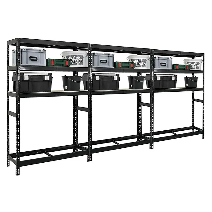 Proregal Reifenregal Mega Deal Tiger mit Fachboden - Stecken, Schwarz - Schwarzes Schwerlastregal mit zwei Regalböden, beladen mit Werkzeugkisten und Eimern, ideal für Garage oder Werkstatt.