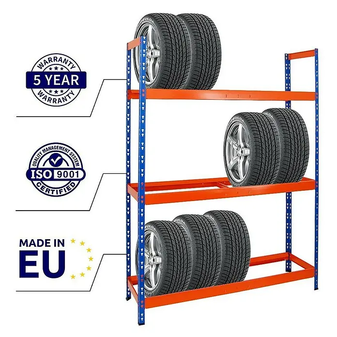 Proregal Reifenregal Mega Deal Tiger XL - Stecken, Blau-Orange - Reifenregal mit Reifen, Garantie- und Qualitätszeichen.