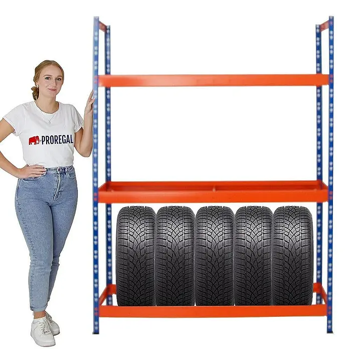 Proregal Reifenregal Mega Deal Tiger XL - Stecken, Blau-Orange - Ein Reifenregal aus Metall mit fünf Reifen, das eine praktische und robuste Aufbewahrungslösung für Autoreifen bietet.