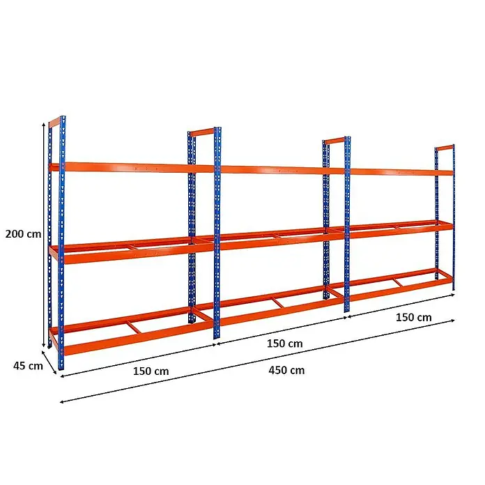 Proregal Reifenregal Mega Deal Tiger XL - Stecken, Blau-Orange - Abbildung eines orangefarbenen Lagerregals aus Metall mit blauen Stützen und den Maßen 200 x 45 x 450 cm.