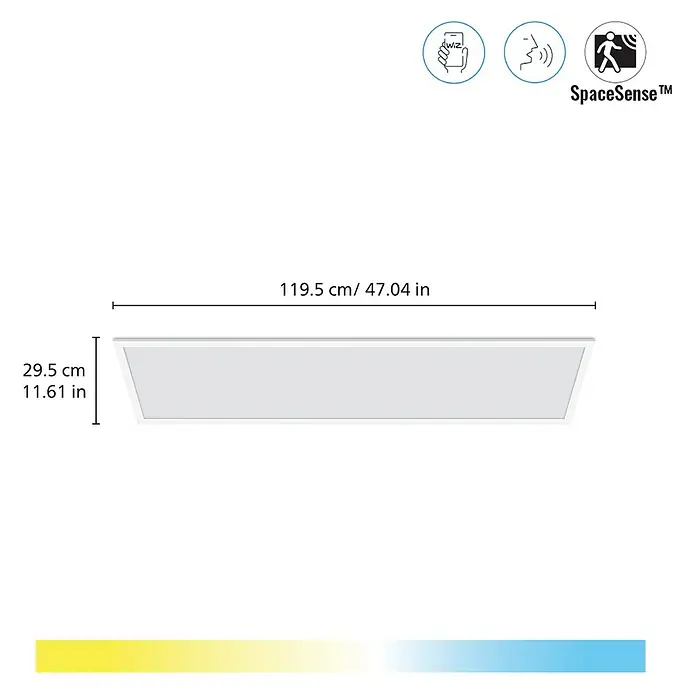 Philips Wiz LED-Panel Tunable White Slim Design - 36 W, L x B x H: 119,5 x 29,5 x 4 cm, Weiß, Kaltweiß - Abbildung einer LED-Deckenleuchte mit den Maßen 119,5 cm x 29,5 cm, die sich ideal für moderne Wohnräume eignet.