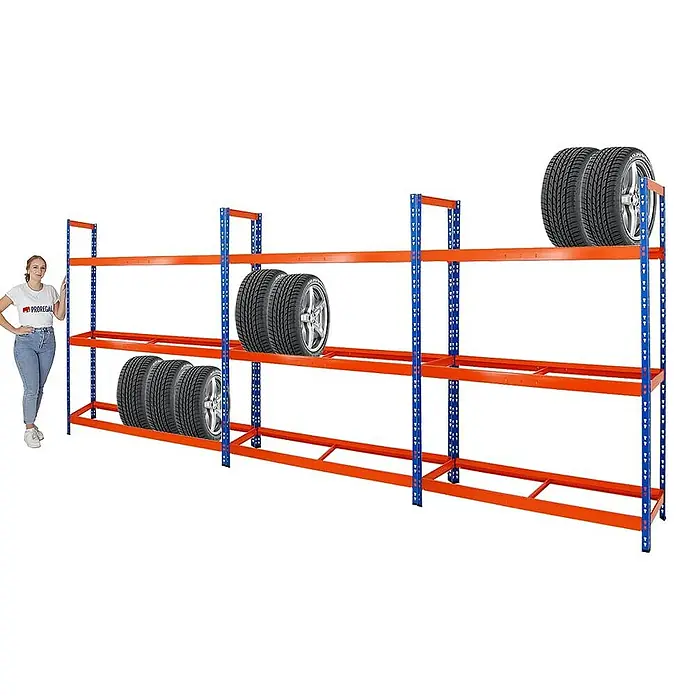 Proregal Reifenregal Mega Deal Tiger XL - Stecken, Blau-Orange - Reifenregal mit blauen Rahmen und orangefarbenen Regalen, gefüllt mit Autoreifen.