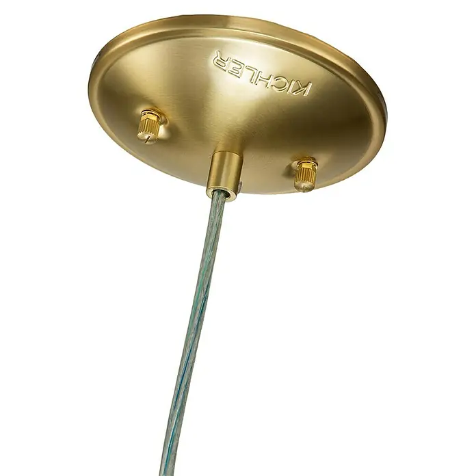 Elstead Pendelleuchte Brinley - 60 W, L x B x H: 12 x 12 x 25,6 cm, Messing, E27 - Nahaufnahme der goldenen Kichler-Deckenhalterung mit Kabel. Elegantes Design für stilvolle Beleuchtungslösungen im Innenbereich.