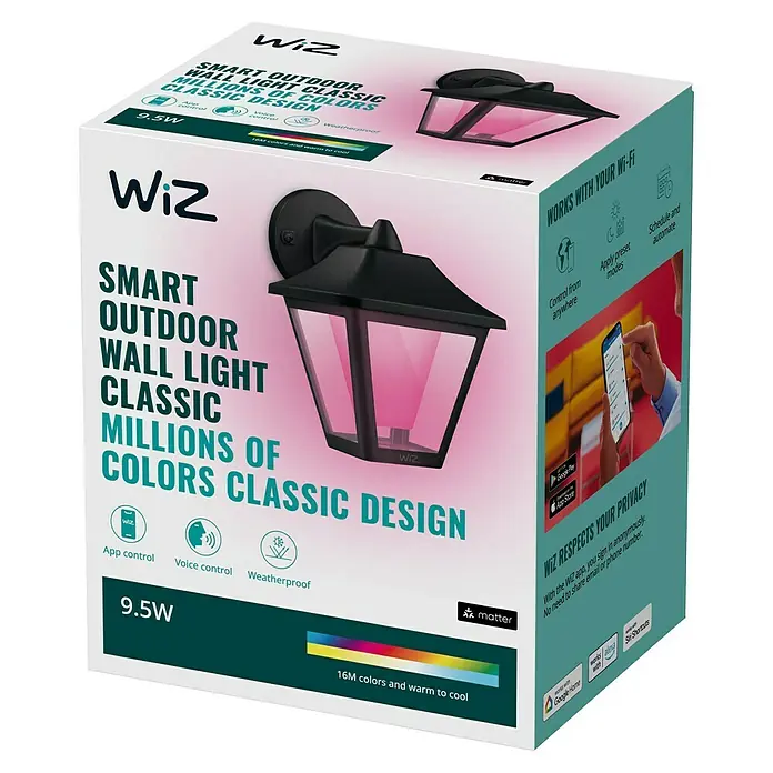 WiZ LED-Außenleuchte Classic - 9,5 W, 22,7 x 17 x 22,8 cm, Schwarz, IP44 - Produktverpackung der intelligenten WiZ Außenwandleuchte im klassischen Design mit Millionen von Farben für eine stimmungsvolle Beleuchtung.