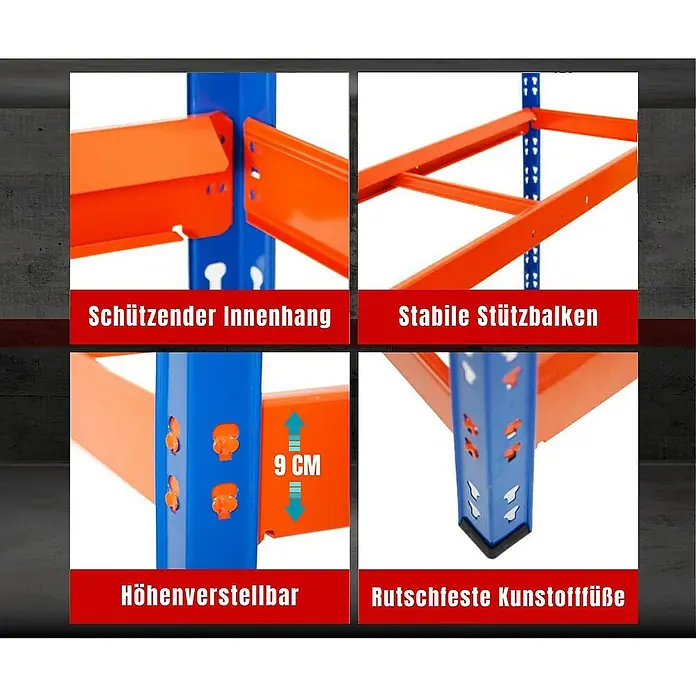 Proregal Reifenregal Tiger XL - H x B x T: 200 x 150 x 45 cm, Stecken, Blau-Orange - Detailansichten des Schwerlastregals mit Innenhang, Stützbalken, Höhenverstellung und Kunststofffüßen.