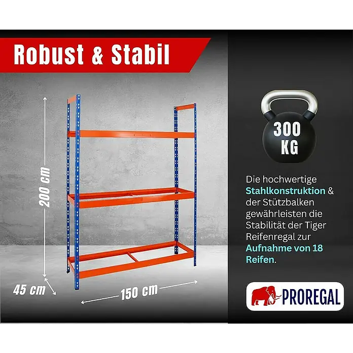 Proregal Reifenregal Tiger XL - H x B x T: 200 x 150 x 45 cm, Stecken, Blau-Orange - Robuster Tiger Reifenregal für Werkstatt & Garage. Die Stahlkonstruktion bietet mit seinen Stützbalken eine hohe Stabilität.