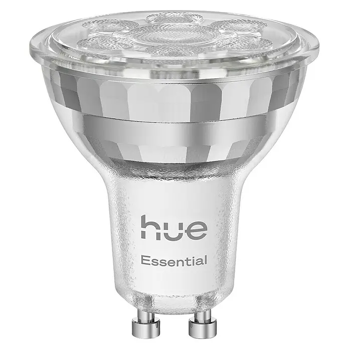 Philips Hue Smart-LED-Lampe Set Essential - GU10, Dimmbar, RGBW, 345 lm, 4,7 W, 2 Stk. - Nahaufnahme einer Hue Essential Glühbirne, die intelligente Beleuchtung für Ihr Zuhause bietet.