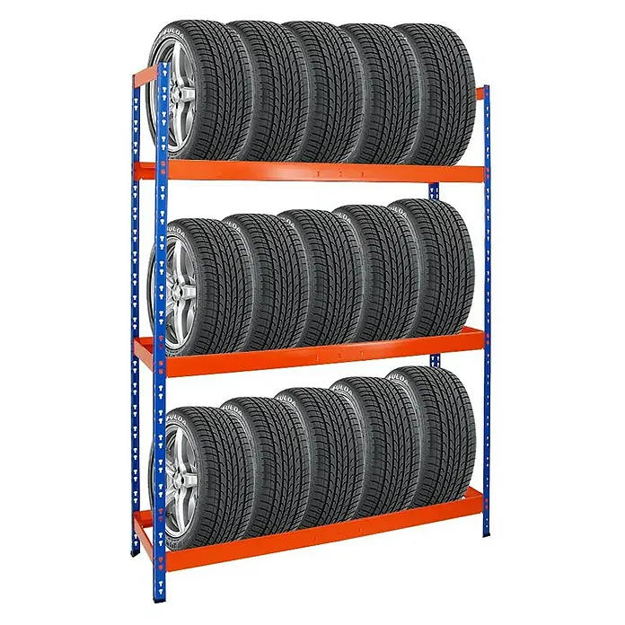 Proregal Reifenregal Tiger XL - H x B x T: 200 x 150 x 45 cm, Stecken, Blau-Orange - Ein Reifenregal mit drei Ebenen, vollgepackt mit Fulda-Reifen mit silbernen Felgen. Ideal für die Lagerung von Autoreifen in der Garage oder Werkstatt.