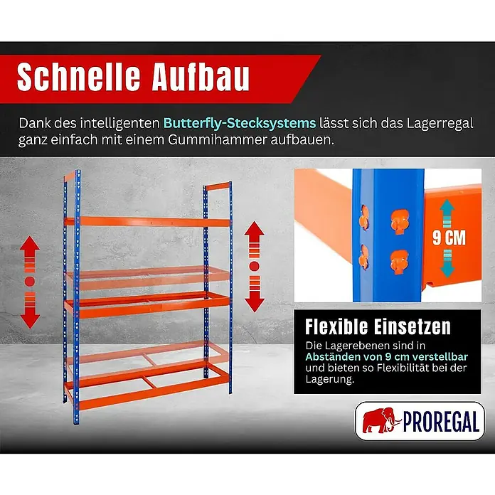 Proregal Reifenregal Tiger XL - H x B x T: 200 x 150 x 45 cm, Stecken, Blau-Orange - Schneller Aufbau des Proregal Lagerregals dank intelligentem Butterfly-Stecksystem, einfach mit Gummihammer zu montieren, flexible Regale.