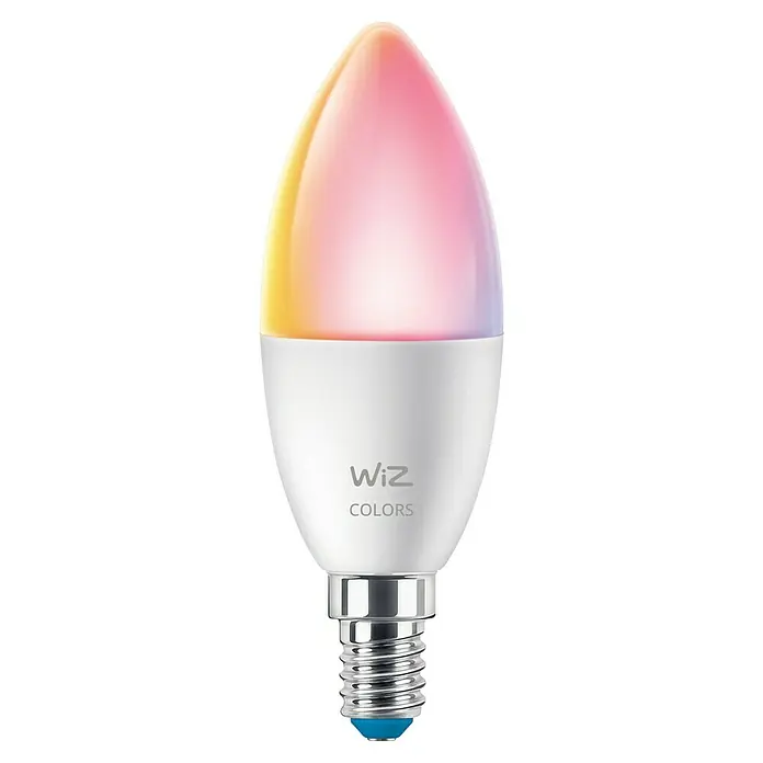 Philips Wiz Smart-LED-Lampe - E14, Dimmbarkeit: Dimmbar, RGBW, 470 lm, 4,6 W - Das Bild zeigt eine WiZ Colors LED-Lampe in Kerzenform, die ein farbenfrohes Licht ausstrahlt, ideal für stimmungsvolle Beleuchtung.