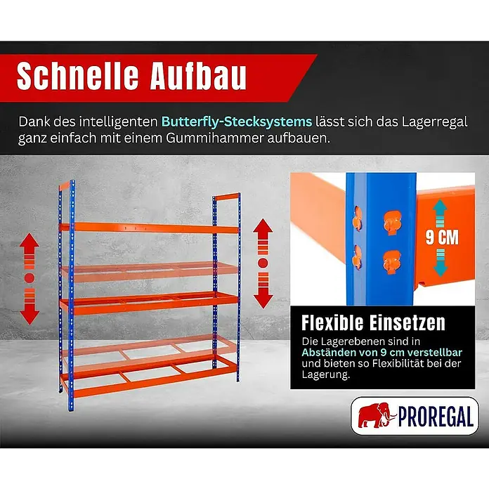Proregal Reifenregal Tiger XL - H x B x T: 200 x 180 x 45 cm, Stecken, Blau-Orange - Das Schwerlastregal Proregal mit flexiblen Regalebenen im Abstand von 9 cm sorgt für Ordnung und Übersicht in Lager und Werkstatt.
