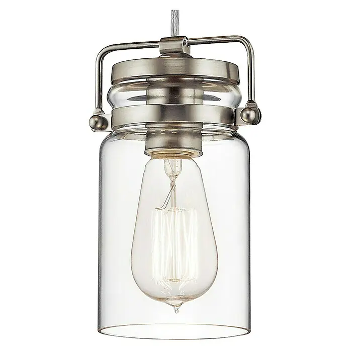 Elstead Pendelleuchte Brinley - 60 W, L x B x H: 12 x 12 x 25,6 cm, Nickel, E27 - Nahaufnahme einer hängenden Pendelleuchte im Vintage-Stil mit einer Edison-Glühbirne in einem klaren Glasbehälter mit Metallakzenten.