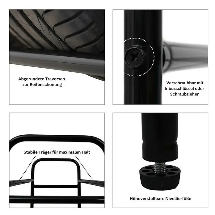 Proregal Reifenregal CARRERO - Schrauben, Schwarz - Detailaufnahmen eines schwarzen Fahrradträgers, die abgerundete Traversen, stabile Träger, Schrauben und verstellbare Füße zeigen.