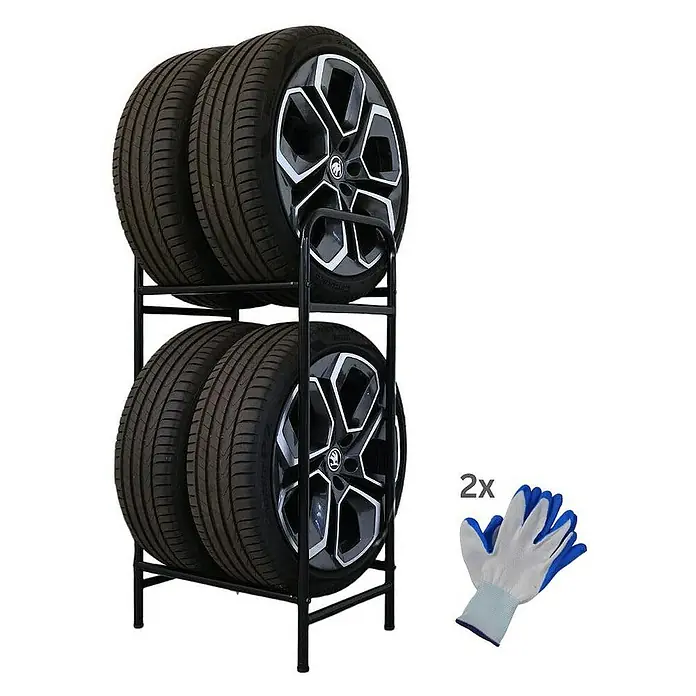Proregal Reifenregal CARRERO - H x B x T: 104 x 55 x 40 cm, Schrauben, Schwarz - Reifenregal mit vier Reifen und zwei Handschuhen. Für die ordentliche Lagerung von Autoreifen mit Felgen.