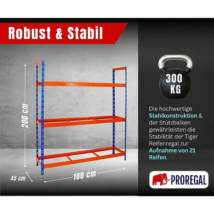 Proregal Reifenregal Tiger XL - H x B x T: 200 x 180 x 45 cm, Stecken, Blau-Orange - Abbildung eines stabilen, robusten Lagerregals mit drei Ebenen, ideal zur Reifenlagerung und Lasten bis 300 kg.