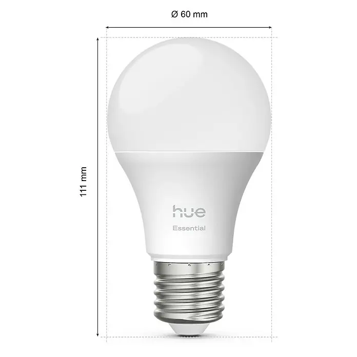 Philips Hue Smart-LED-Lampe Set Essential - E27, Dimmbar, RGBW, 806 lm, 8 W, 1 Stk. - Abbildung einer Philips Hue Essential Glühbirne mit den Maßen 60 mm Durchmesser und 111 mm Höhe.