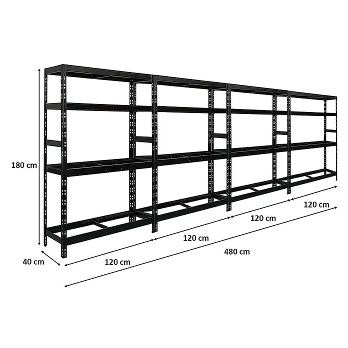 Proregal Reifenregal Mega Deal Tiger mit Fachboden - Stecken, Schwarz - Regal-System mit mehreren Ebenen und stabilen Metallrahmen, ideal für Lagerung. Gesamtlänge 480cm, Höhe 180cm, Tiefe 40cm.