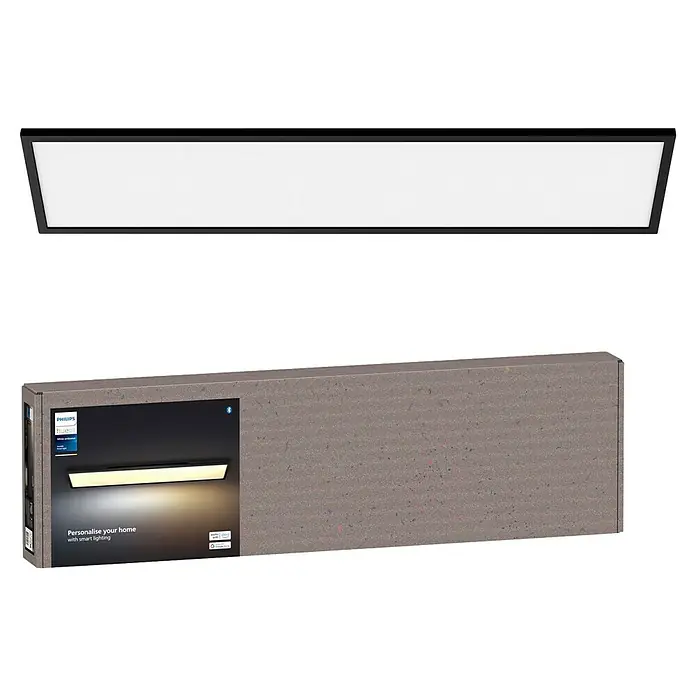 Philips Hue LED-Panel White Ambience Aurelle - neue Generation - 39 W, L x B x H: 120 x 30 x 4,6 cm, Schwarz, Warmweiß - Das Bild zeigt eine Philips Hue LED-Leuchte mit schlankem Design und moderner Technologie, verpackt in einer umweltfreundlichen Verpackung.
