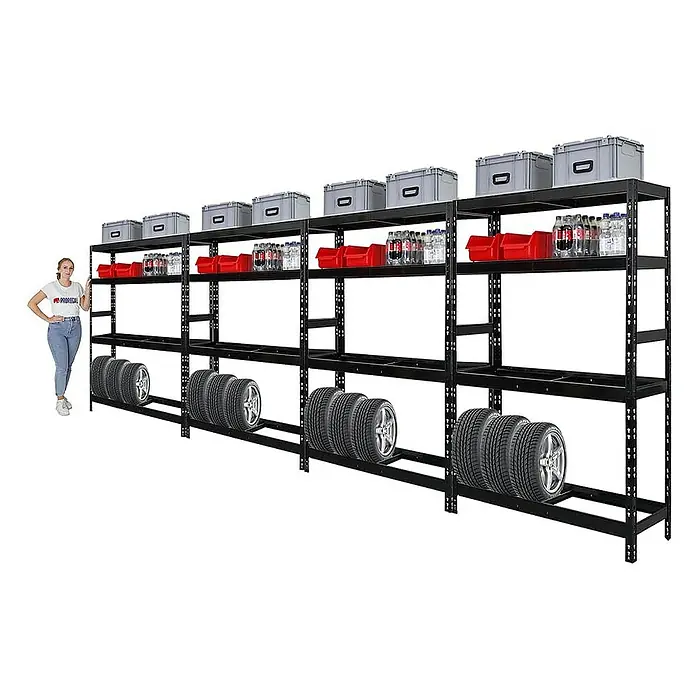 Proregal Reifenregal Mega Deal Tiger mit Fachboden - Stecken, Schwarz - Lagerregal mit Reifen, Behältern und Kisten. Ideal für Garage oder Werkstatt zur Aufbewahrung von Gegenständen.