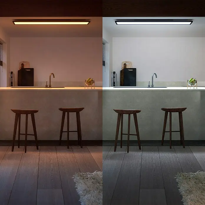 Philips Hue LED-Panel White Ambience Aurelle - neue Generation - 39 W, L x B x H: 120 x 30 x 4,6 cm, Schwarz, Warmweiß - Moderne LED-Deckenleuchte mit zwei Farbtemperaturen in einer stilvollen Küchenumgebung.