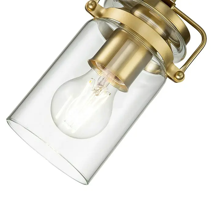 Elstead Pendelleuchte Brinley - 60 W, L x B x H: 12 x 12 x 25,6 cm, Messing, E27 - Nahaufnahme einer eleganten Deckenleuchte mit klarem Glas und goldenen Akzenten.