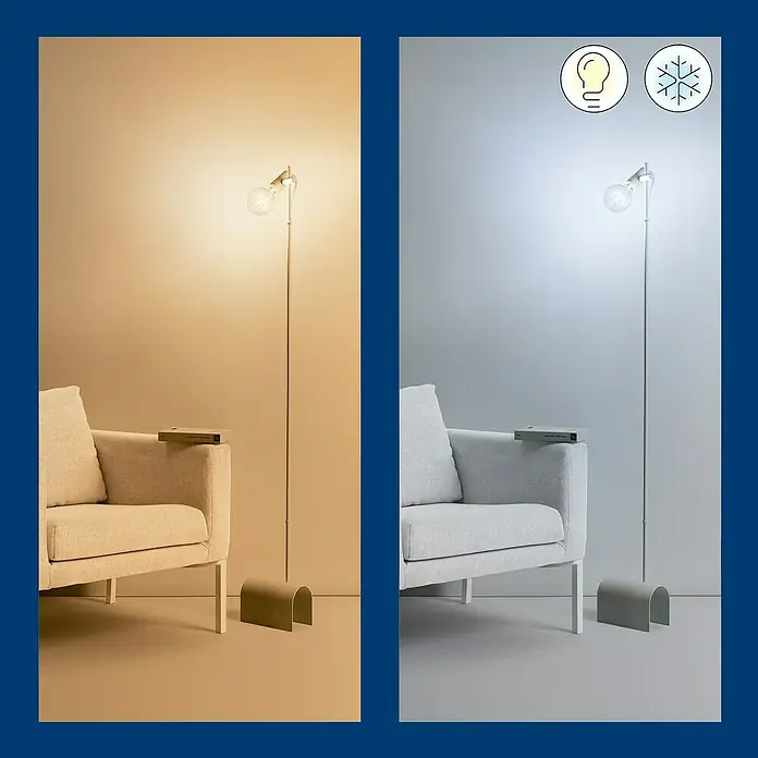 Philips Wiz Smart-LED-Lampe - E27, Dimmbar, Mehrfarbig, 806 lm, 6,7 W, G95 - Stehleuchte mit verstellbarer Lichtfarbe, von warmweiß bis kaltweiß, neben einem Sessel platziert für gemütliches oder helles Ambiente.