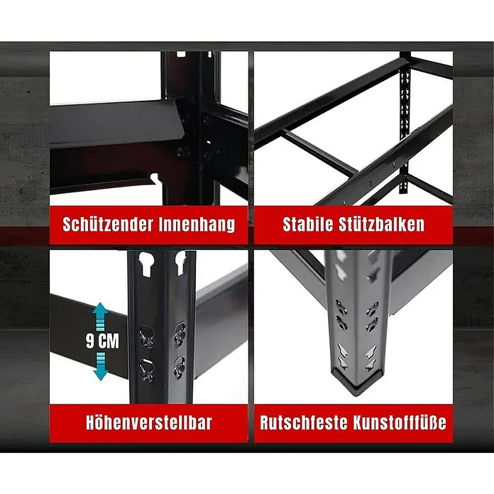 Proregal Reifenregal Tiger - H x B x T: 100 x 110 x 35 cm, Stecken, Schwarz - Produktdetailaufnahme eines schwarzen Metallregals mit Textbeschriftungen.