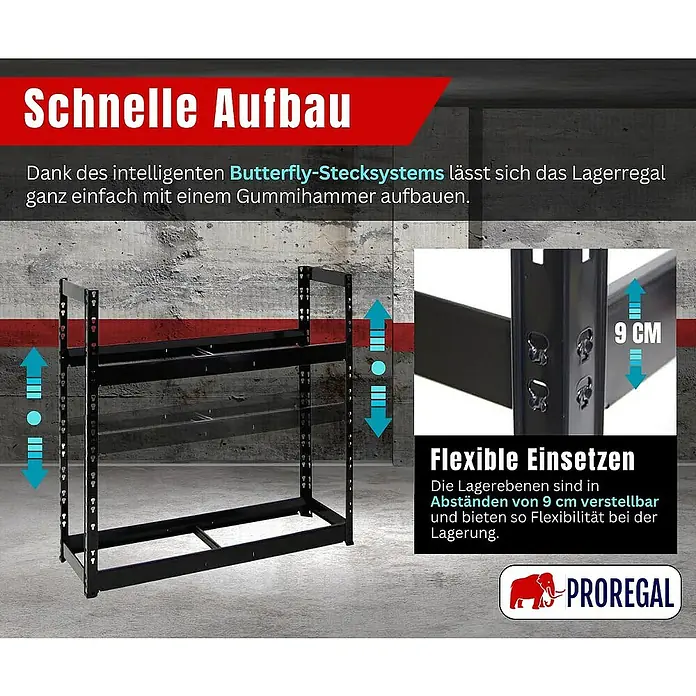 Proregal Reifenregal Tiger - H x B x T: 100 x 110 x 35 cm, Stecken, Schwarz - Das Lagerregal mit Butterfly-Stecksystem lässt sich dank intelligenter Bauweise schnell und einfach mit Gummihammer aufbauen.