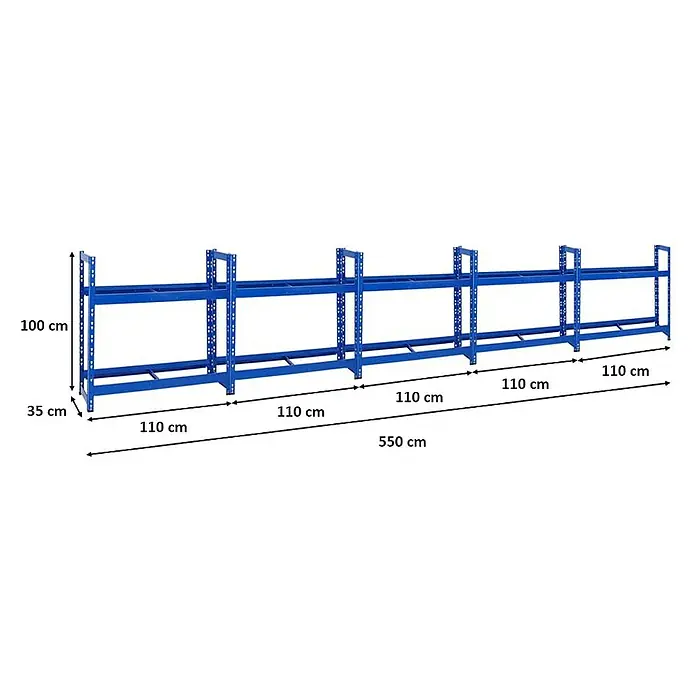 Proregal Reifenregal Mega Deal Tiger - Stecken, Blau - Abgebildet ist ein blaues, mehrteiliges Lagerregal mit mehreren Ebenen und den Maßangaben.