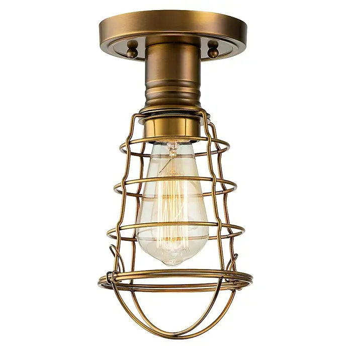 Elstead Deckenleuchte Mixon - 60 W, Ø x H: 14 x 27,1 cm, Messing Antik, E27 - Eine Deckenleuchte im Industrial-Stil mit einem goldenen Metallkäfig um eine Edison-Glühbirne, die ein warmes Licht ausstrahlt.