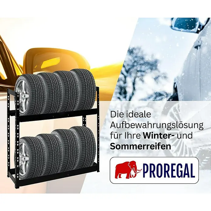 Proregal Reifenregal Tiger - H x B x T: 100 x 110 x 35 cm, Stecken, Schwarz - Reifenregal mit Reifen für die Lagerung von Winter- und Sommerreifen. Praktische Lösung zur Aufbewahrung von Autoreifen.
