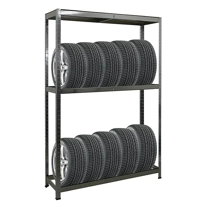 Proregal Reifenregal Mega Deal Ragnar - H x B x T: 180 x 120 x 40 cm, Stecken, Verzinkt - Regal mit zwei Ebenen, gefüllt mit Autoreifen, ideal für Garage oder Werkstatt. Praktische Reifenaufbewahrung.
