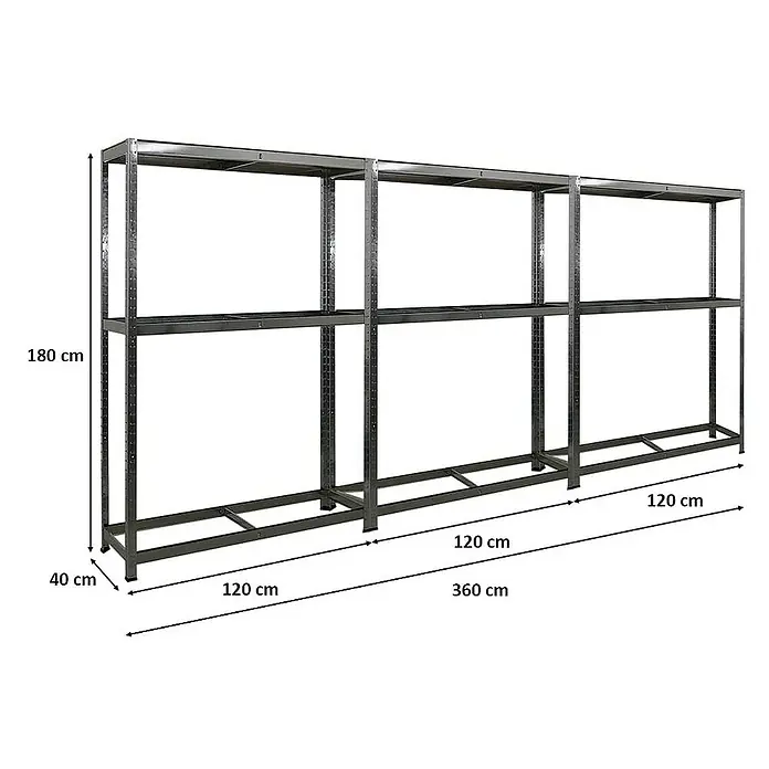Proregal Reifenregal Mega Deal Ragnar - H x B x T: 180 x 120 x 40 cm, Stecken, Verzinkt - Abbildung eines robusten, modularen Metallregalsystems mit zwei Ebenen, ideal für Lagerung und Organisation mit den Massen 180 x 120 x 40 cm.