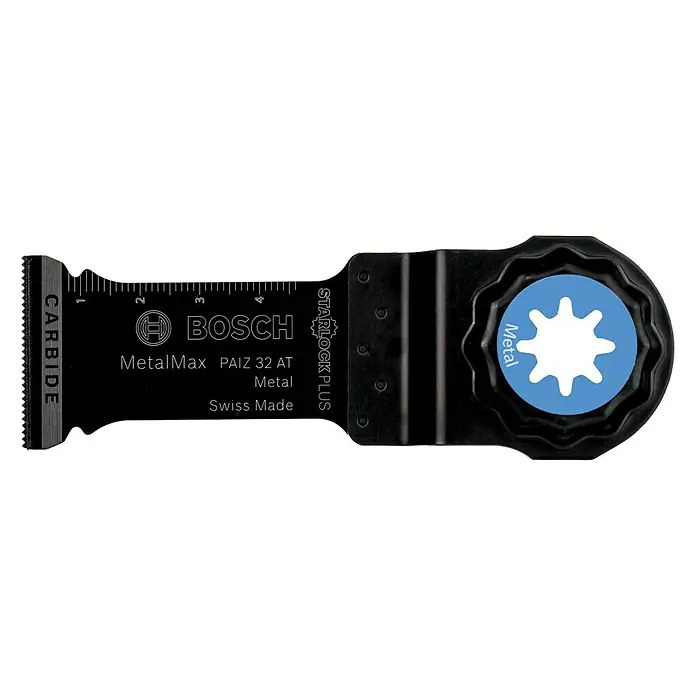 Bosch Tauchsägeblatt Carbide PAIZ 32 AT - Geeignet für: Aluminium, 50 x 32 mm, STARLOCK-Plus-System - Das Bild zeigt ein Bosch MetalMax PAIZ 32 AT Metallsägeblatt mit Carbide-Technologie und Starlock Plus-Aufnahme.