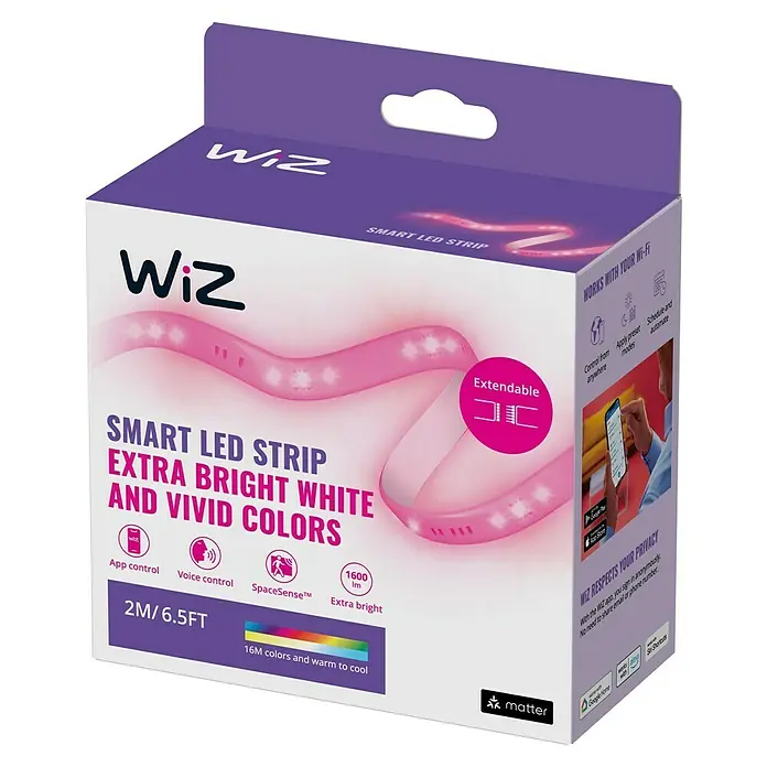 Philips Wiz Smart-LED-Band - Länge: 2 m, RGBW, 20 W, 1.600 lm - Eine WiZ Smart LED-Leiste-Verpackung mit der Aufschrift "Extra helles Weiß und lebendige Farben" für ein intelligentes Beleuchtungssystem.