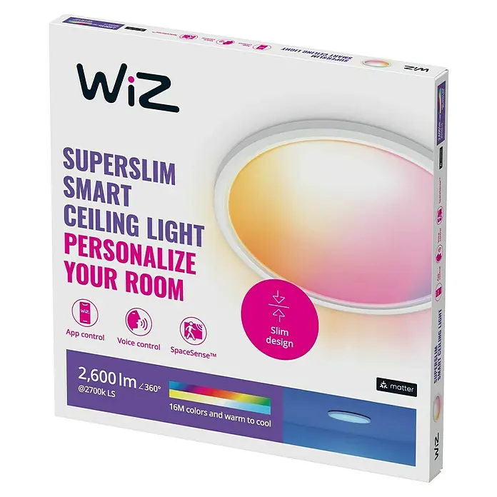 Philips Wiz Smart-LED-Deckenleuchte rund Tunable White & Color SuperSlim - 22 W, Ø x H: 43 x 4,8 cm, Weiß, RGBW - Verpackung der smarten WiZ Superslim Deckenleuchte mit Farbfunktion und App Steuerung zur Personalisierung Ihres Raumes.