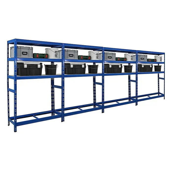 Proregal Reifenregal Mega Deal Tiger mit Fachboden - Stecken, Blau - Ein blaues Metallregal mit zwei Ebenen, gefüllt mit Kisten und Eimern, ideal für Lagerung und Organisation.