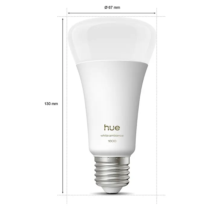 Philips Hue Smart-LED-Lampe White Ambiance 1600 matter - E27, Dimmbar, Kaltweiß, 1.600 lm, 11,8 W - Darstellung einer Philips Hue White Ambiance 1600 Lumen Lampe mit Produktabmessungen, die eine Höhe von 130 mm und einen Durchmesser von 67 mm zeigen.
