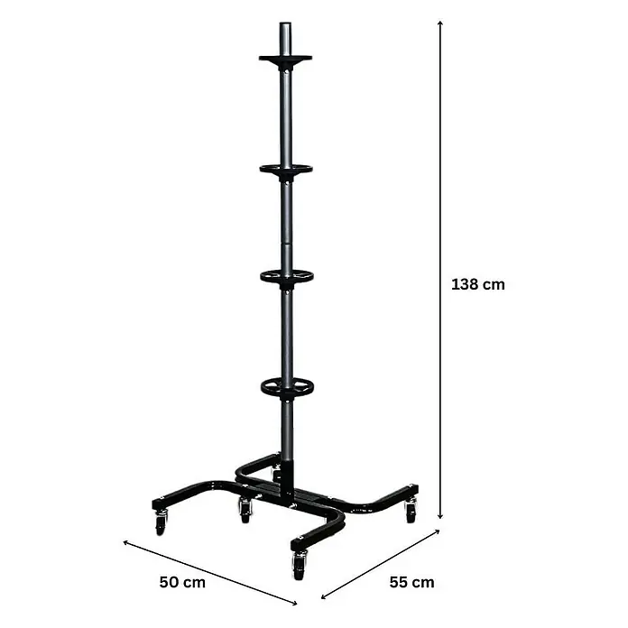 Proregal Reifenregal Fahrbarer Felgenbaum CARRERO - H x B x T: 138 x 54 x 50 cm, Stecken, Schwarz - Abbildung eines Reifenständerwagens in Schwarz, der Reifensätze ordentlich und platzsparend lagert, mit Größenangaben.