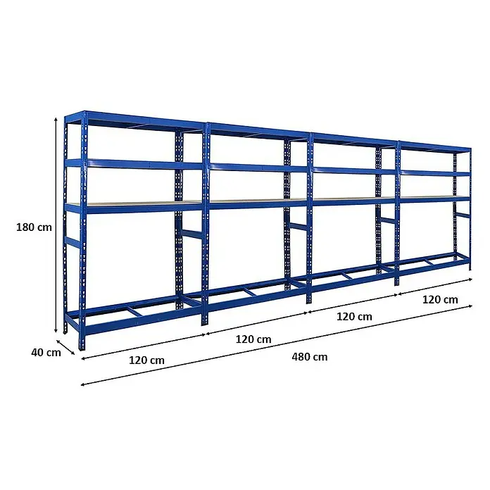 Proregal Reifenregal Mega Deal Tiger mit Fachboden - Stecken, Blau - Abbildung eines blauen Metallregalsystems mit mehreren Ebenen und genauen Maßangaben für Höhe, Breite und Tiefe.