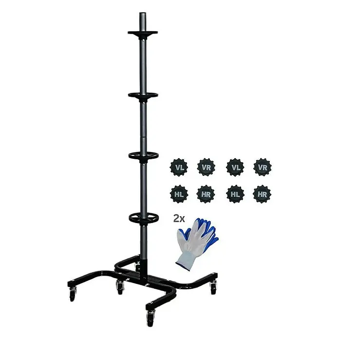 Proregal Reifenregal Fahrbarer Felgenbaum CARRERO - H x B x T: 138 x 54 x 50 cm, Stecken, Schwarz - Ein Bild von einem Reifenständer mit Zubehör, einschließlich Beschriftungen und Handschuhen, vor einem weißen Hintergrund.