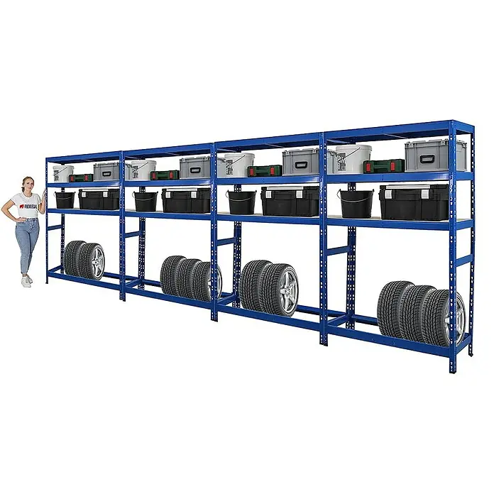 Proregal Reifenregal Mega Deal Tiger mit Fachboden - Stecken, Blau - Lagerregal mit Reifen und Behältern.