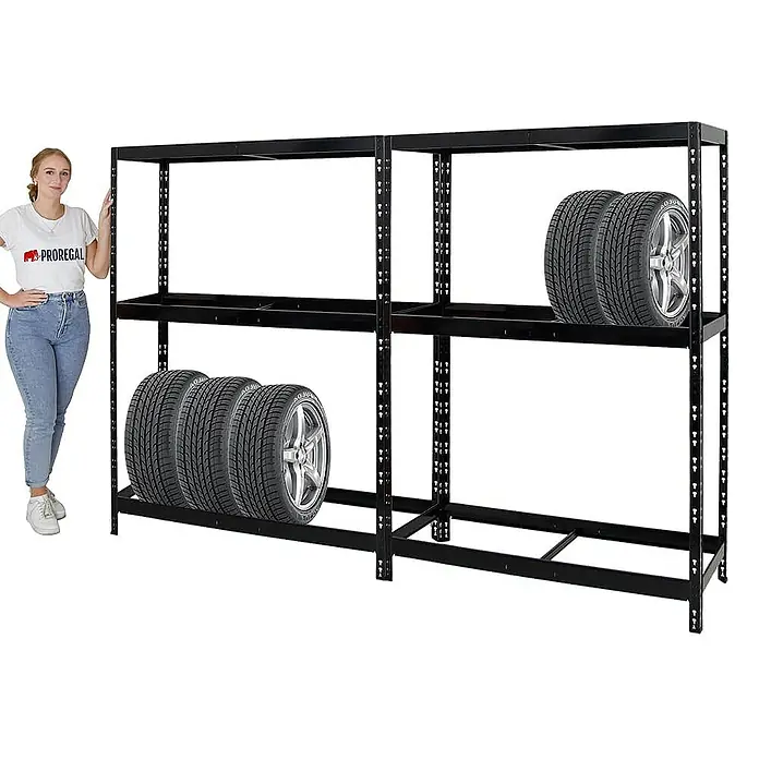 Proregal Reifenregal Mega Deal Tiger mit Fachboden - Stecken, Schwarz - Regal mit Reifen.