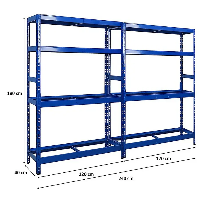 Proregal Reifenregal Mega Deal Tiger mit Fachboden - H x B x T: 180 x 120 x 40 cm, Stecken, Blau - Blaues Schwerlastregal mit vier Ebenen. Gesamtgröße 240 cm breit, 180 cm hoch und 40 cm tief, ideal für Lager und Werkstatt.