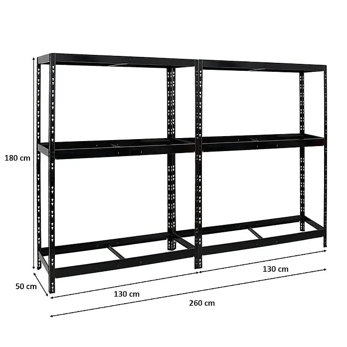 Proregal Reifenregal Mega Deal Tiger mit Fachboden - Stecken, Schwarz - Schwarzes Metallregal mit zwei Ebenen und den Maßen 180 cm Höhe, 260 cm Breite und 50 cm Tiefe.